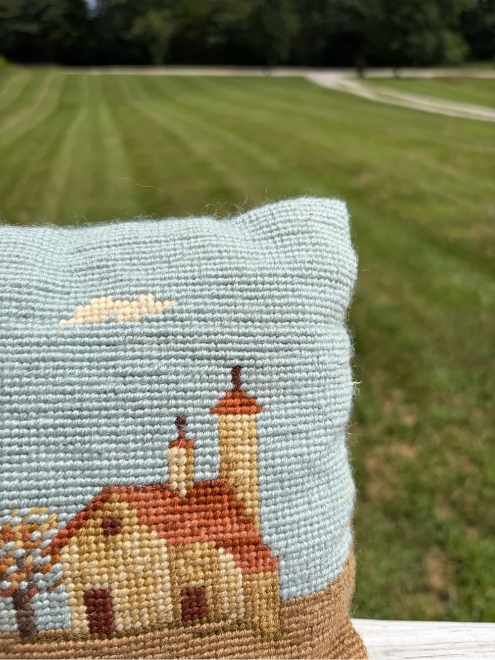 Vintage Needlepoint Pillow House Landscape Decorative Small Velvet Cottagecore